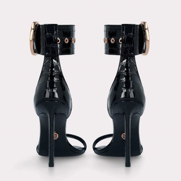 ADELE 01 BLACK PATENT CROCO EMBOSSED LEATHER SANDALS - Picture 3 of 3